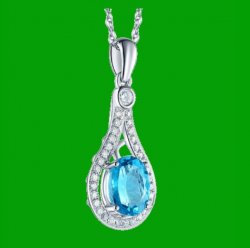 Swiss Blue Topaz Oval Cut Diamond Accent 14K White Gold Pendant