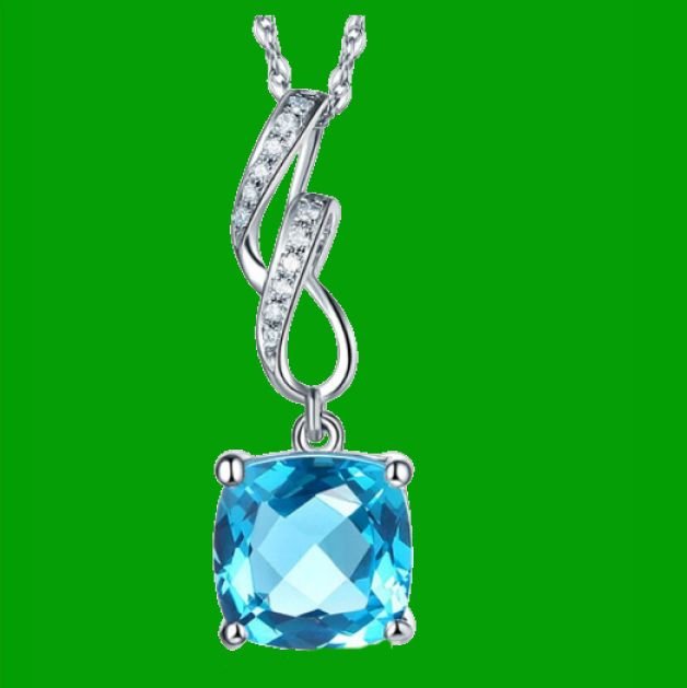 Image 4 of Swiss Blue Topaz Cushion Cut Curve Diamond Accent 14K White Gold Pendant