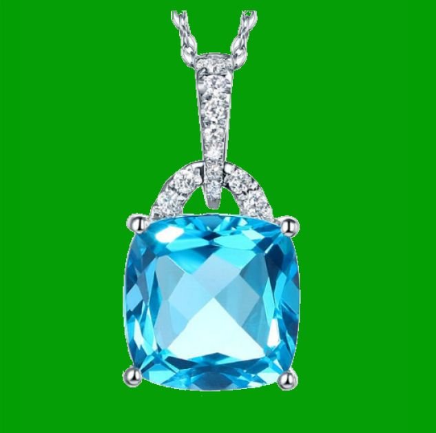 Image 4 of Swiss Blue Topaz Cushion Cut Diamond Highlight 14K White Gold Pendant