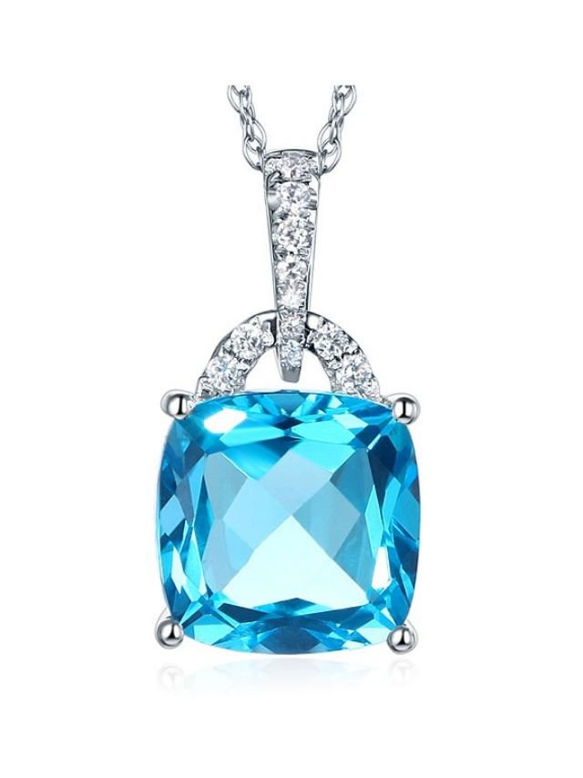 Image 5 of Swiss Blue Topaz Cushion Cut Diamond Highlight 14K White Gold Pendant