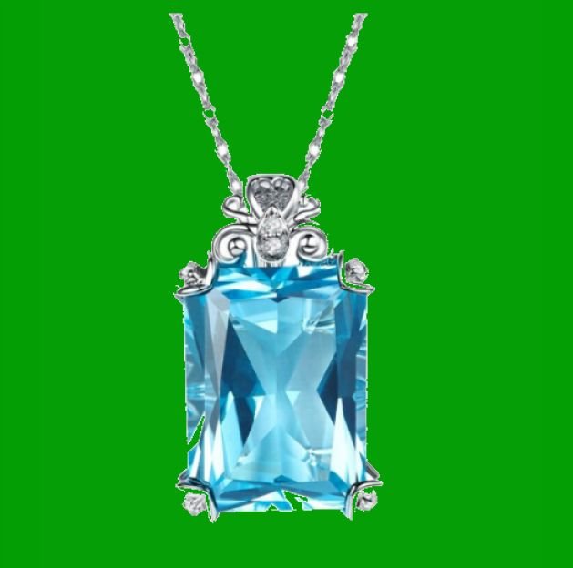 Image 0 of Swiss Blue Topaz Emerald Cut Diamond Frame 14K White Gold Pendant