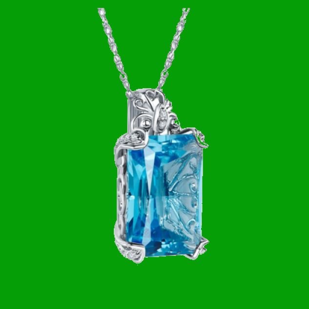 Image 4 of Swiss Blue Topaz Emerald Cut Diamond Frame 14K White Gold Pendant