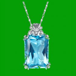 Swiss Blue Topaz Emerald Cut Diamond Frame 14K White Gold Pendant
