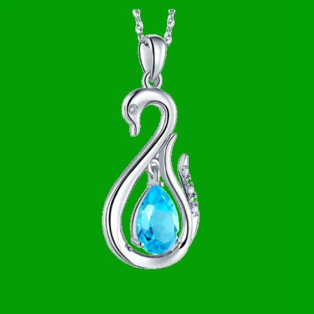 Image 4 of Swiss Blue Topaz Pear Cut Swan Diamond Accent 14K White Gold Pendant