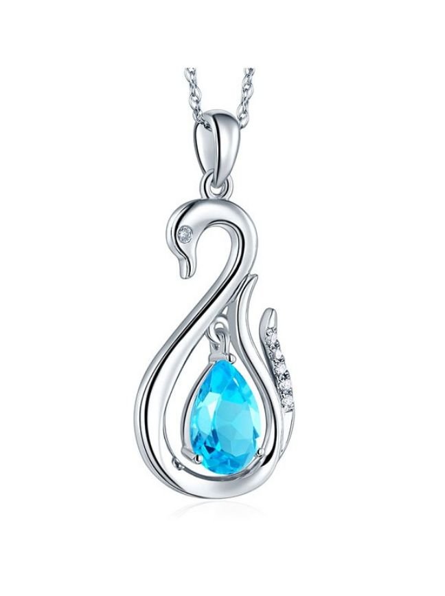 Image 5 of Swiss Blue Topaz Pear Cut Swan Diamond Accent 14K White Gold Pendant