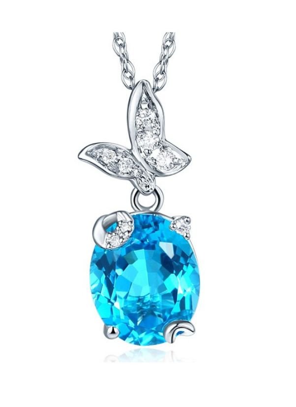 Image 1 of Swiss Blue Topaz Oval Cut Butterfly Diamond Accent 14K White Gold Pendant