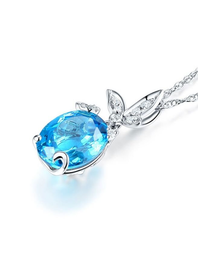Image 3 of Swiss Blue Topaz Oval Cut Butterfly Diamond Accent 14K White Gold Pendant