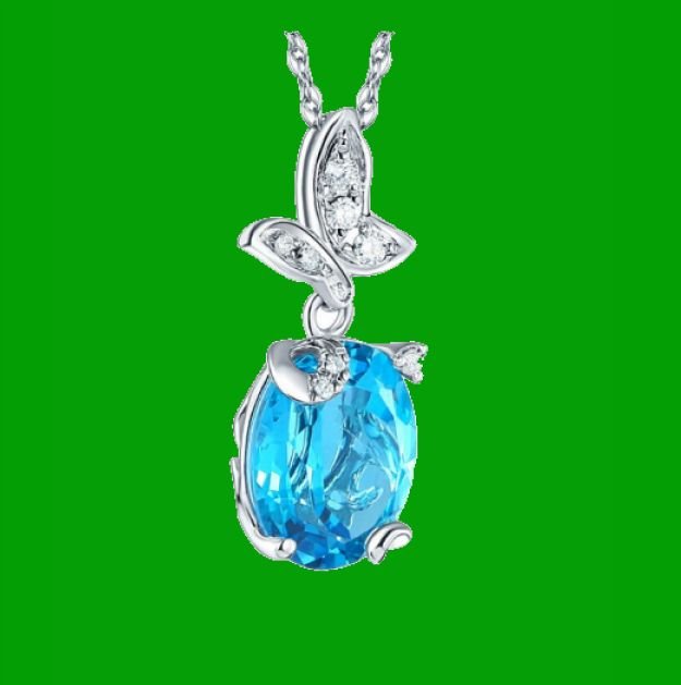 Image 4 of Swiss Blue Topaz Oval Cut Butterfly Diamond Accent 14K White Gold Pendant