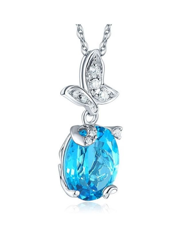 Image 5 of Swiss Blue Topaz Oval Cut Butterfly Diamond Accent 14K White Gold Pendant