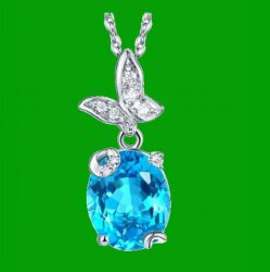 Swiss Blue Topaz Oval Cut Butterfly Diamond Accent 14K White Gold Pendant