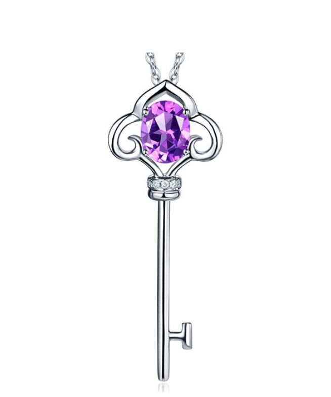 Image 1 of Purple Topaz Oval Cut Key Diamond Accent 14K White Gold Pendant