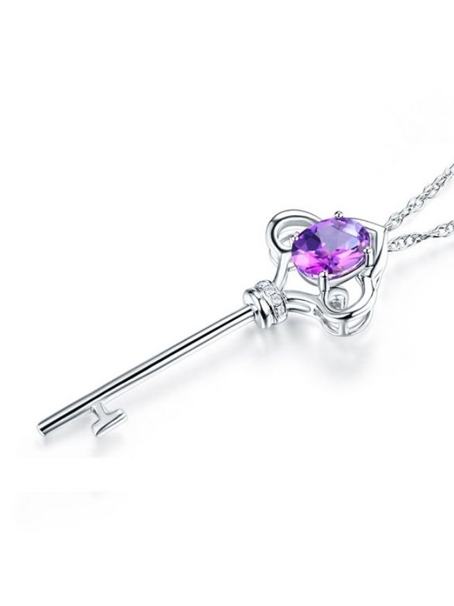 Image 3 of Purple Topaz Oval Cut Key Diamond Accent 14K White Gold Pendant