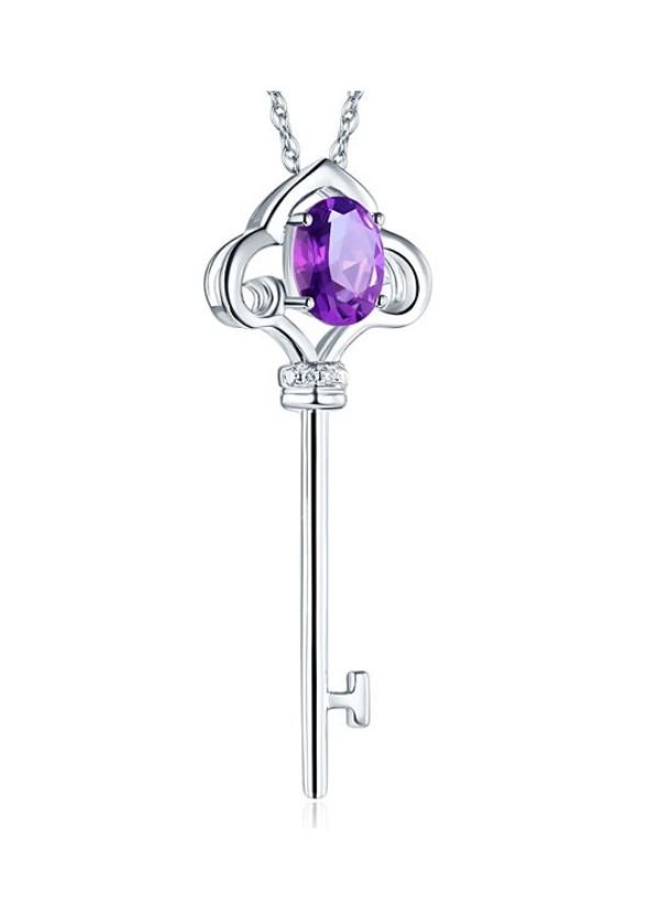 Image 5 of Purple Topaz Oval Cut Key Diamond Accent 14K White Gold Pendant