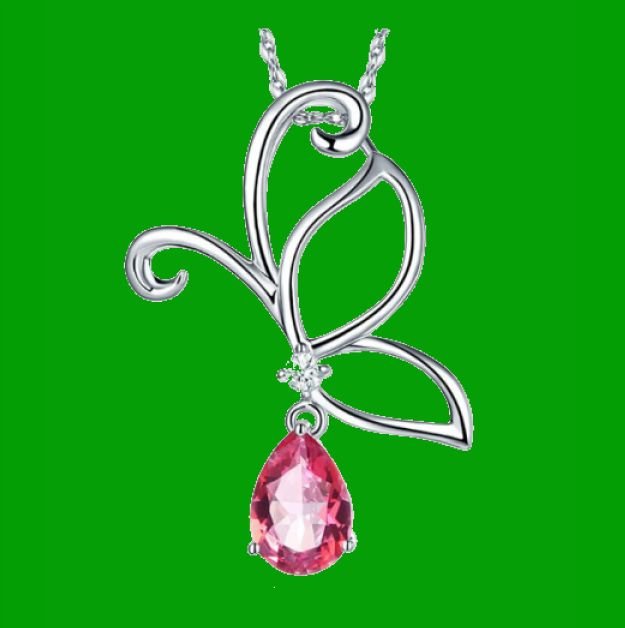 Image 0 of Pink Topaz Pear Cut Drop Butterfly Diamond Accent 14K White Gold Pendant
