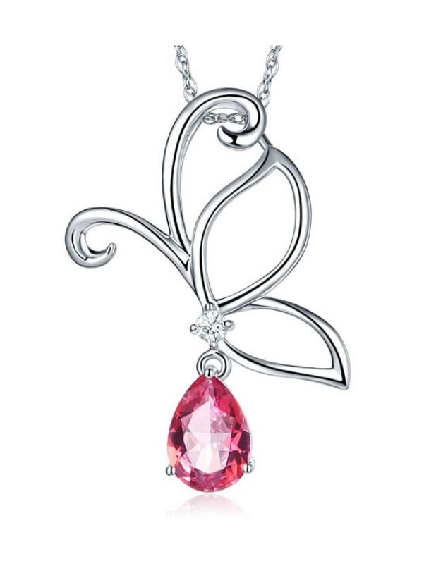 Image 1 of Pink Topaz Pear Cut Drop Butterfly Diamond Accent 14K White Gold Pendant