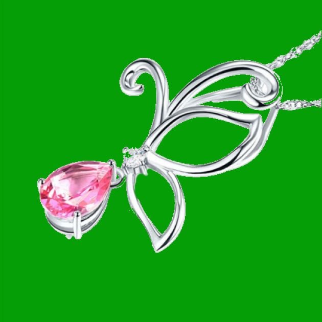 Image 2 of Pink Topaz Pear Cut Drop Butterfly Diamond Accent 14K White Gold Pendant