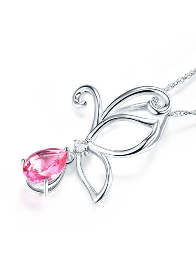 Image 3 of Pink Topaz Pear Cut Drop Butterfly Diamond Accent 14K White Gold Pendant