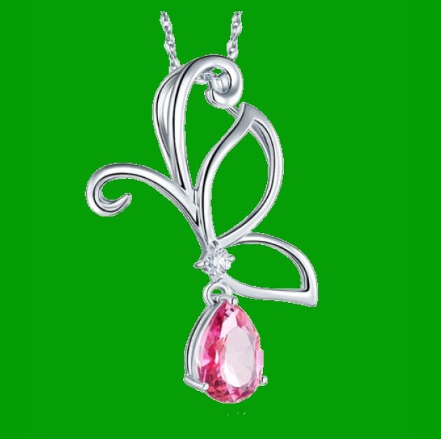 Image 4 of Pink Topaz Pear Cut Drop Butterfly Diamond Accent 14K White Gold Pendant