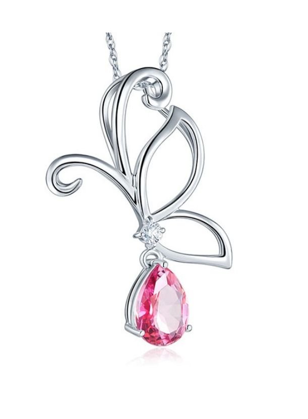 Image 5 of Pink Topaz Pear Cut Drop Butterfly Diamond Accent 14K White Gold Pendant