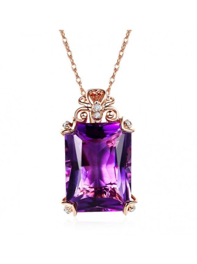 Image 1 of Purple Amethyst Emerald Cut Diamond Frame 14K Rose Gold Pendant