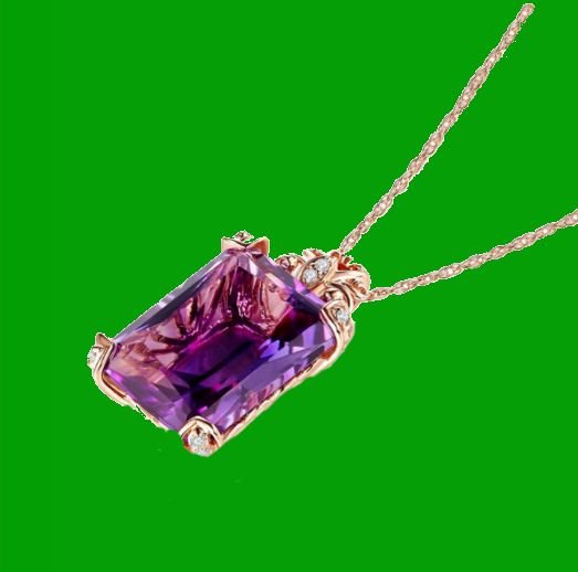 Image 2 of Purple Amethyst Emerald Cut Diamond Frame 14K Rose Gold Pendant