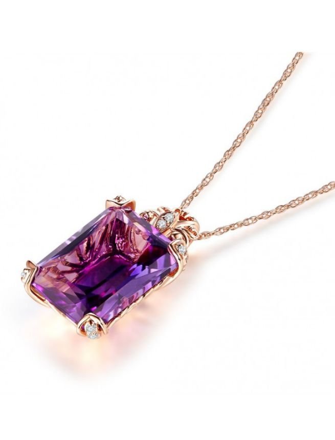 Image 3 of Purple Amethyst Emerald Cut Diamond Frame 14K Rose Gold Pendant