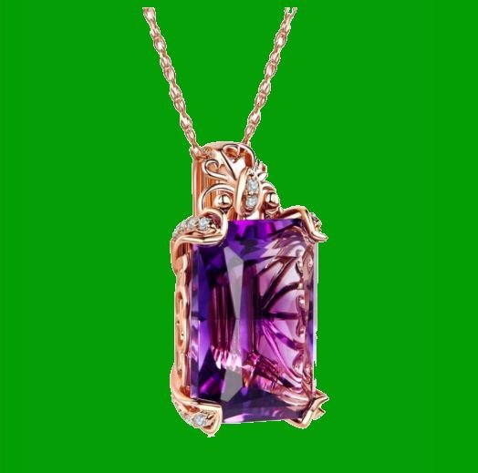 Image 4 of Purple Amethyst Emerald Cut Diamond Frame 14K Rose Gold Pendant