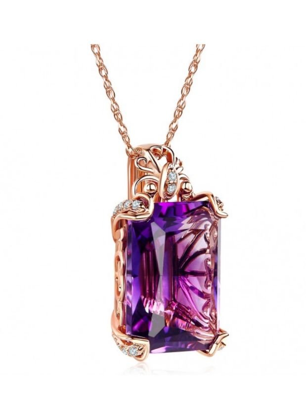 Image 5 of Purple Amethyst Emerald Cut Diamond Frame 14K Rose Gold Pendant