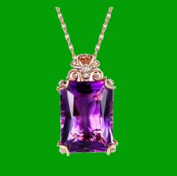 Purple Amethyst Emerald Cut Diamond Frame 14K Rose Gold Pendant