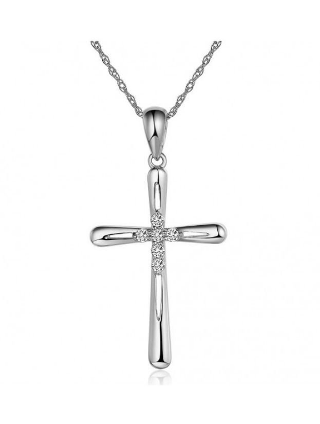 Image 1 of White Diamond Accent Polished Double Cross 14K White Gold Pendant