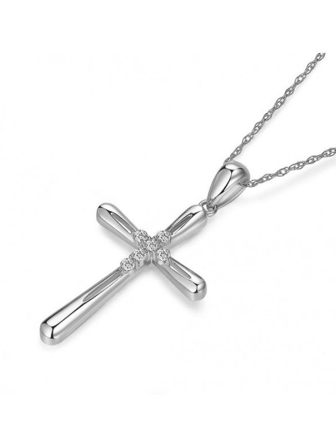 Image 3 of White Diamond Accent Polished Double Cross 14K White Gold Pendant