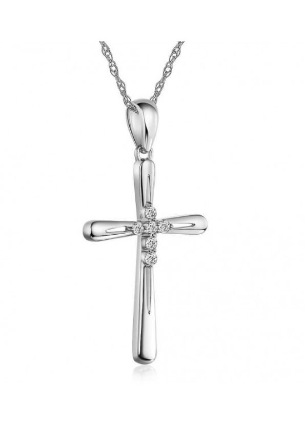 Image 5 of White Diamond Accent Polished Double Cross 14K White Gold Pendant
