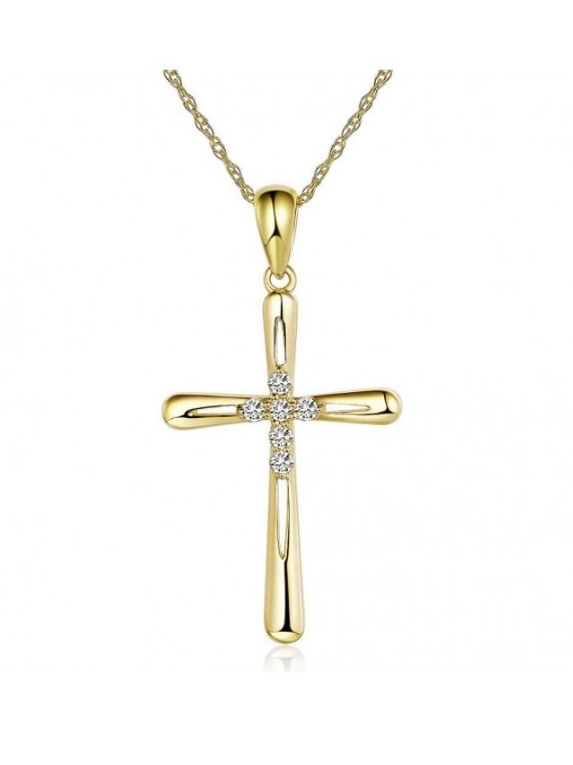 Image 1 of White Diamond Accent Polished Double Cross 14K Yellow Gold Pendant