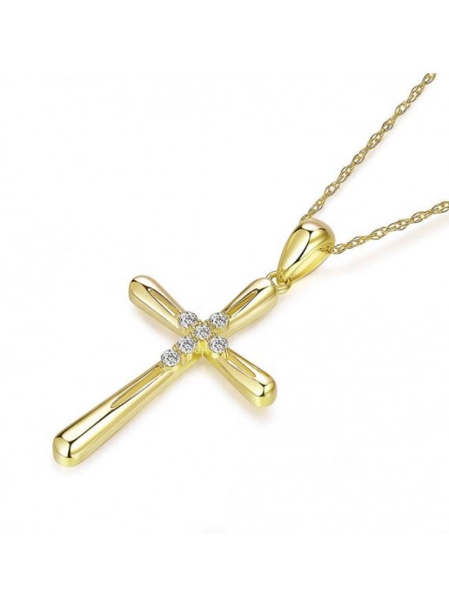 Image 3 of White Diamond Accent Polished Double Cross 14K Yellow Gold Pendant