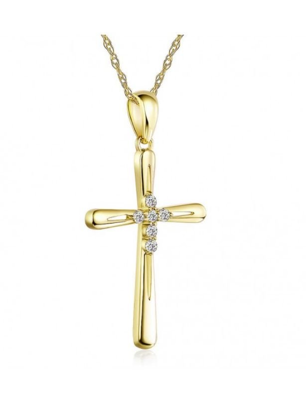 Image 5 of White Diamond Accent Polished Double Cross 14K Yellow Gold Pendant