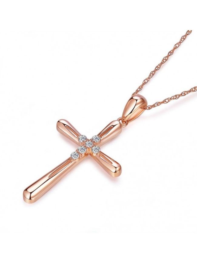 Image 3 of White Diamond Accent Polished Double Cross 14K Rose Gold Pendant