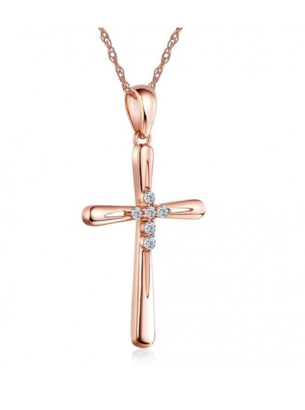 Image 5 of White Diamond Accent Polished Double Cross 14K Rose Gold Pendant