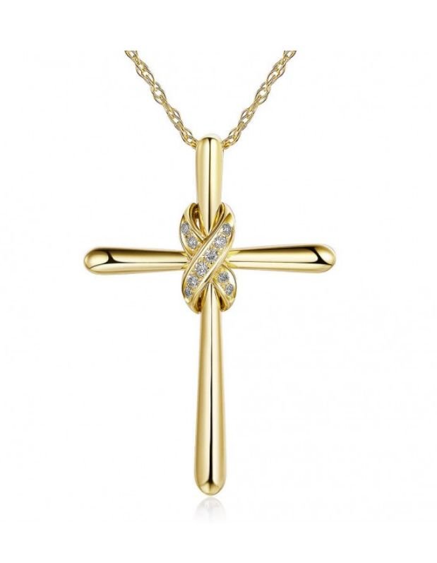Image 1 of White Diamond Knotted Cross 14K Yellow Gold Pendant