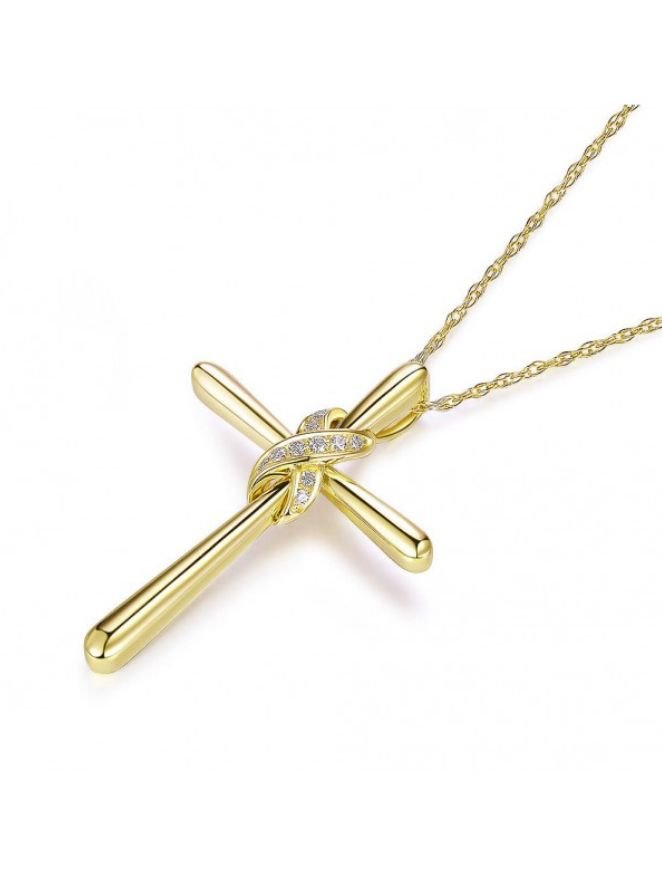 Image 3 of White Diamond Knotted Cross 14K Yellow Gold Pendant