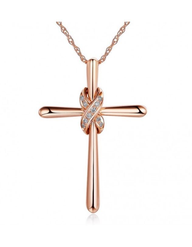 Image 1 of White Diamond Knotted Cross 14K Rose Gold Pendant