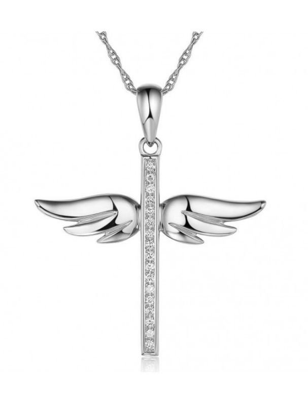 Image 1 of White Diamond Angel Wings Cross 14K White Gold Pendant