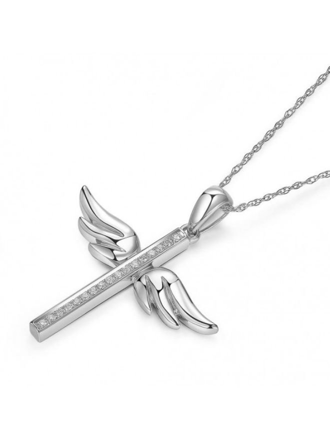 Image 3 of White Diamond Angel Wings Cross 14K White Gold Pendant