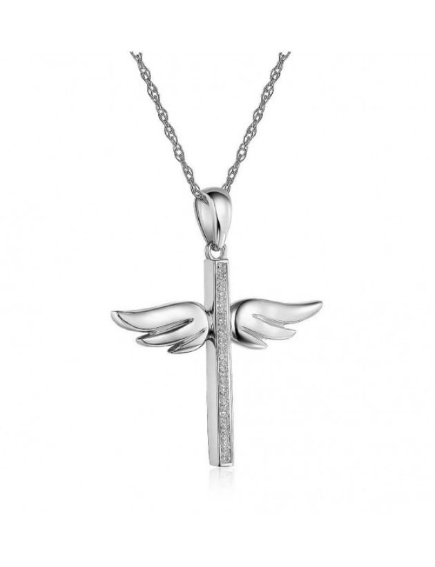 Image 5 of White Diamond Angel Wings Cross 14K White Gold Pendant