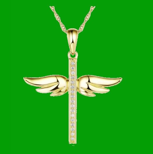 Image 0 of White Diamond Angel Wings Cross 14K Yellow Gold Pendant