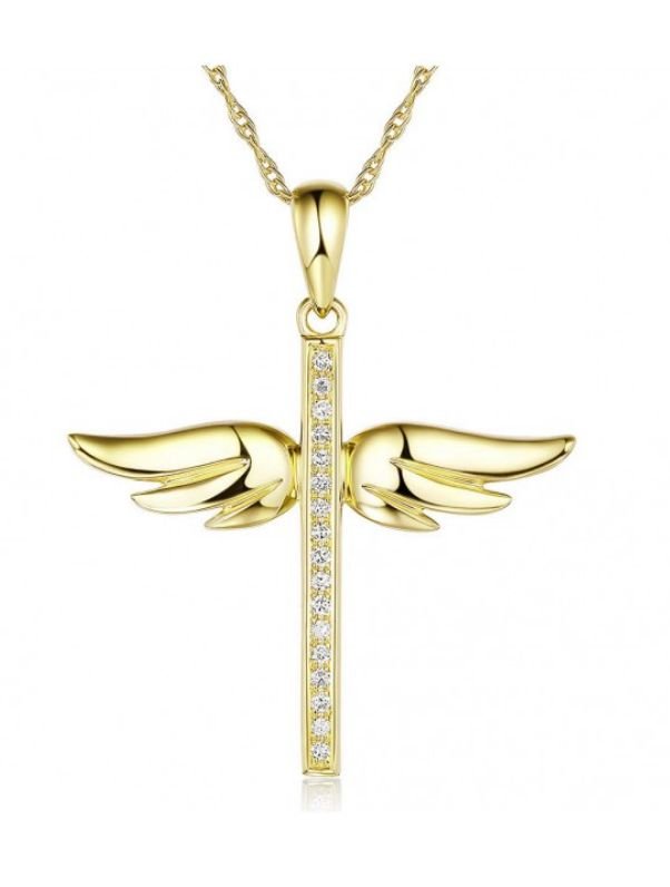Image 1 of White Diamond Angel Wings Cross 14K Yellow Gold Pendant