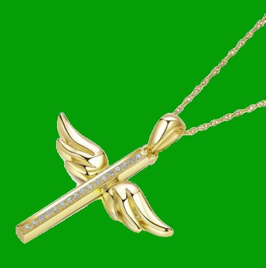 Image 2 of White Diamond Angel Wings Cross 14K Yellow Gold Pendant