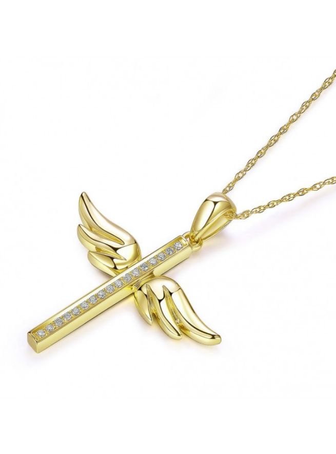Image 3 of White Diamond Angel Wings Cross 14K Yellow Gold Pendant