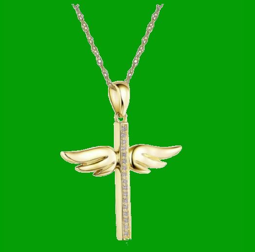 Image 4 of White Diamond Angel Wings Cross 14K Yellow Gold Pendant