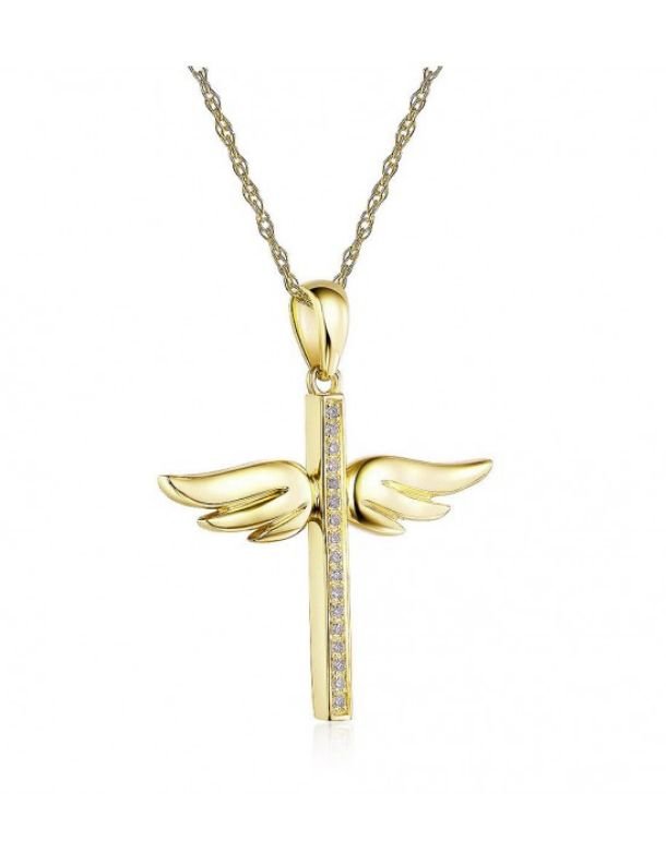 Image 5 of White Diamond Angel Wings Cross 14K Yellow Gold Pendant