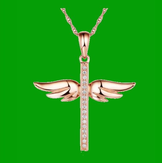 Image 0 of White Diamond Angel Wings Cross 14K Rose Gold Pendant